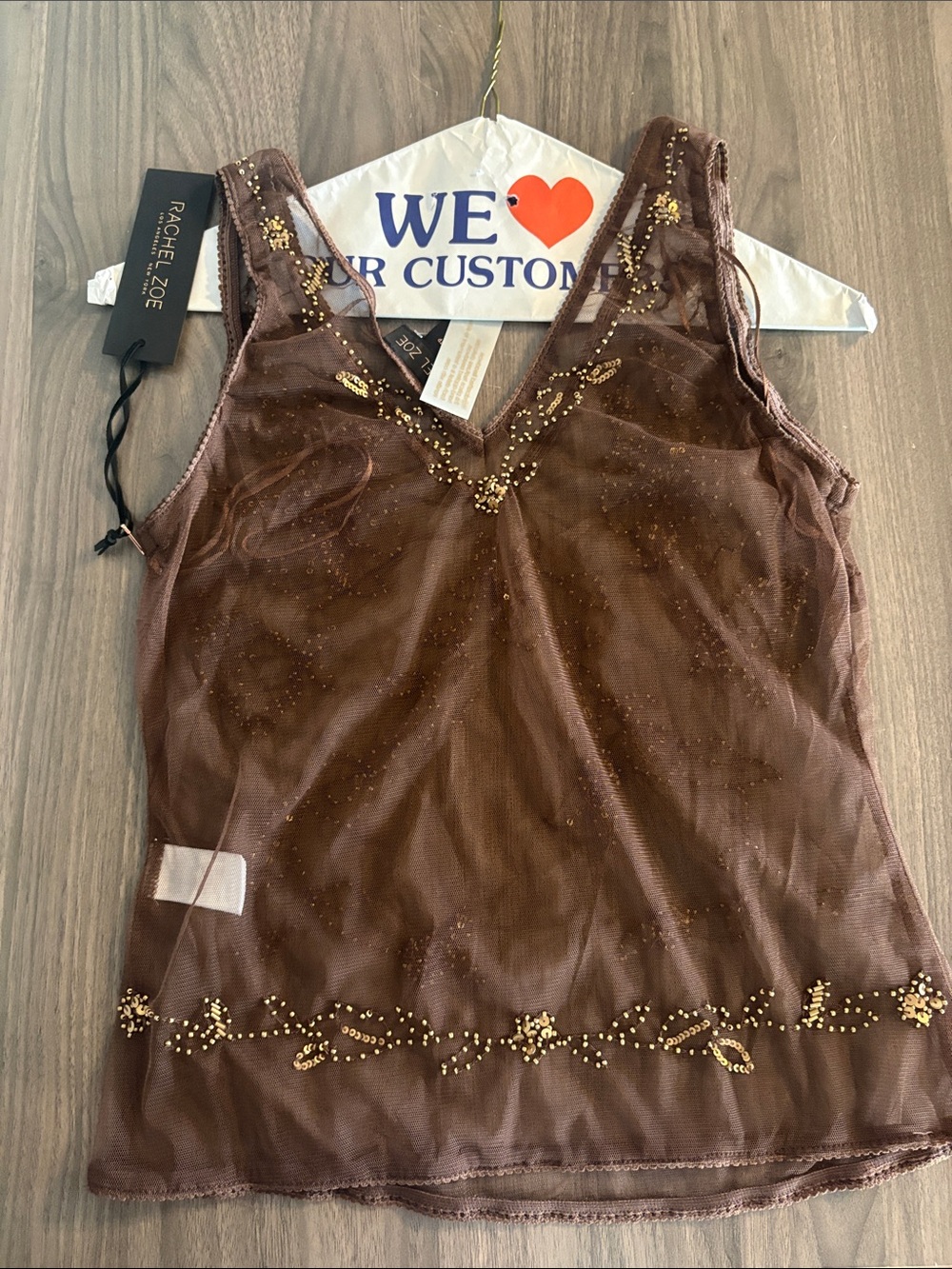 Sheer Embellished Brown V-Neck Mesh Tank Top - Picture 13 of 17